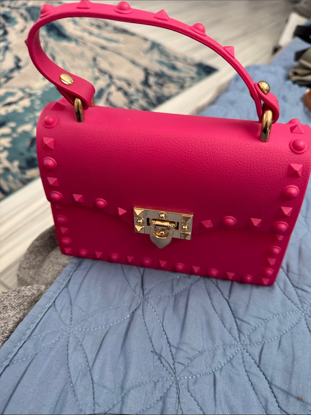 Studded Mini Top-Handle Bag in Hot Pink